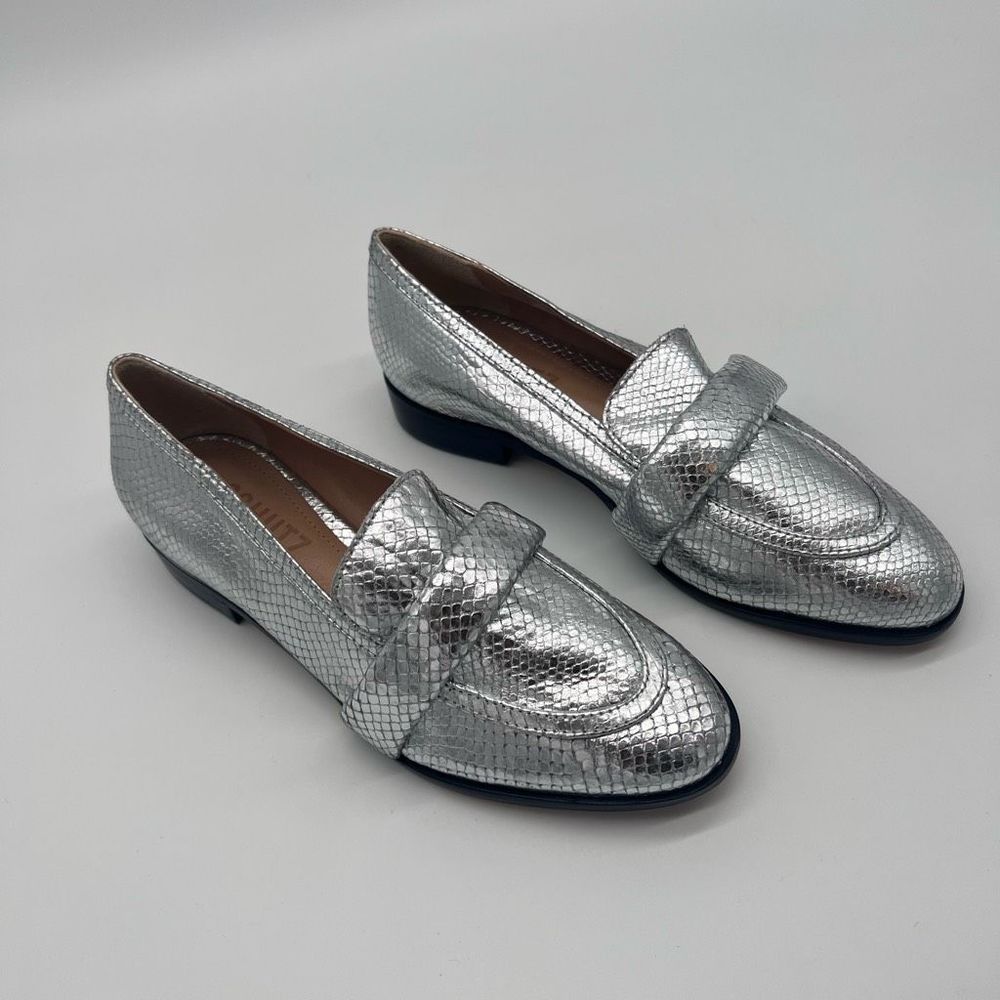 Schutz Romina Snake Reptile Embossed Leather Loafers Silver